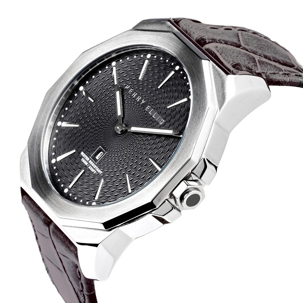 RELOJ PERRY ELLIS DECAGON 46 05005-01 FECHA CORREA DE CUERO MARRÓN DIAL GRIS OSCURO - 2