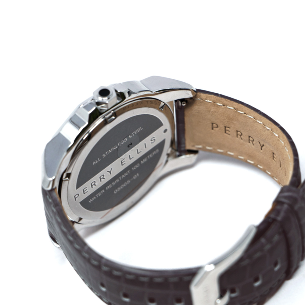 RELOJ PERRY ELLIS DECAGON 46 05005-01 FECHA CORREA DE CUERO MARRÓN DIAL GRIS OSCURO - 5