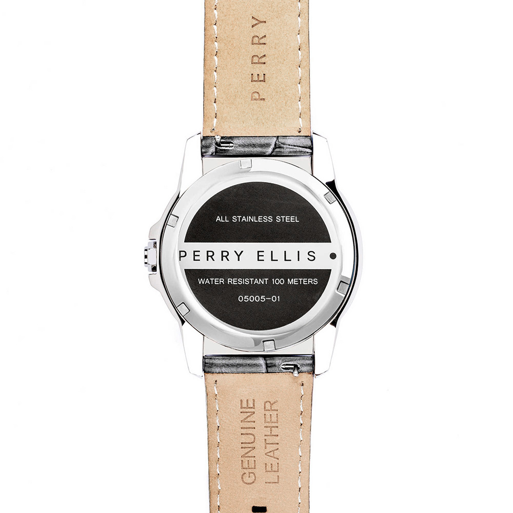 RELOJ PERRY ELLIS DECAGON 46 05005-01 FECHA CORREA DE CUERO MARRÓN DIAL GRIS OSCURO - 6