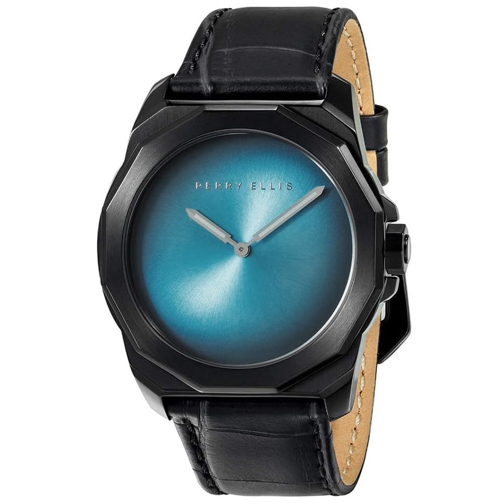 RELOJ PERRY ELLIS DECAGON FADING 10005-01 CORREA DE CUERO NEGRO DIAL TURQUESA - 1