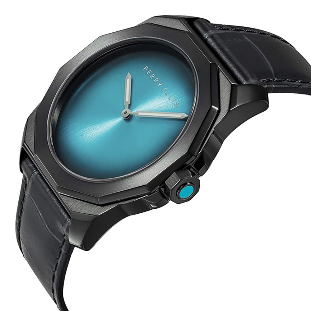 RELOJ PERRY ELLIS DECAGON FADING 10005-01 CORREA DE CUERO NEGRO DIAL TURQUESA - 2