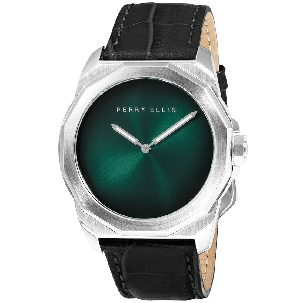 RELOJ PERRY ELLIS DECAGON FADING 10007-01 CORREA DE CUERO NEGRO DIAL VERDE - 1