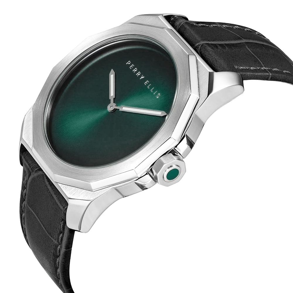 RELOJ PERRY ELLIS DECAGON FADING 10007-01 CORREA DE CUERO NEGRO DIAL VERDE - 2