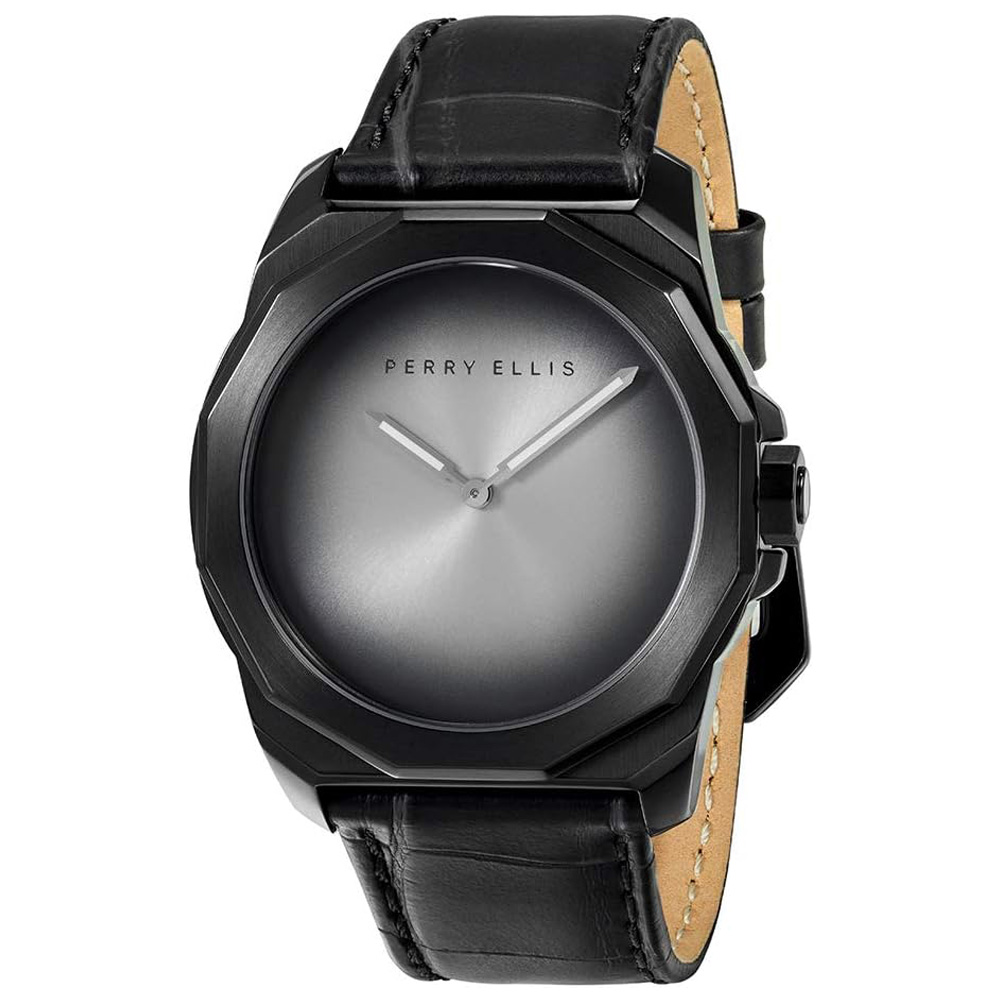 RELOJ PERRY ELLIS DECAGON FADING 10003-01 CORREA DE CUERO NEGRO DIAL GRIS - 1