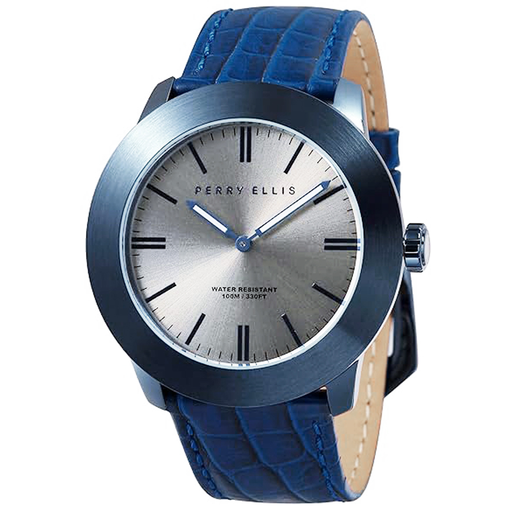 RELOJ PERRY ELLIS SLIM LINE 46 03005-01 CORREA DE CUERO AZUL DIAL PLATEADO - 1