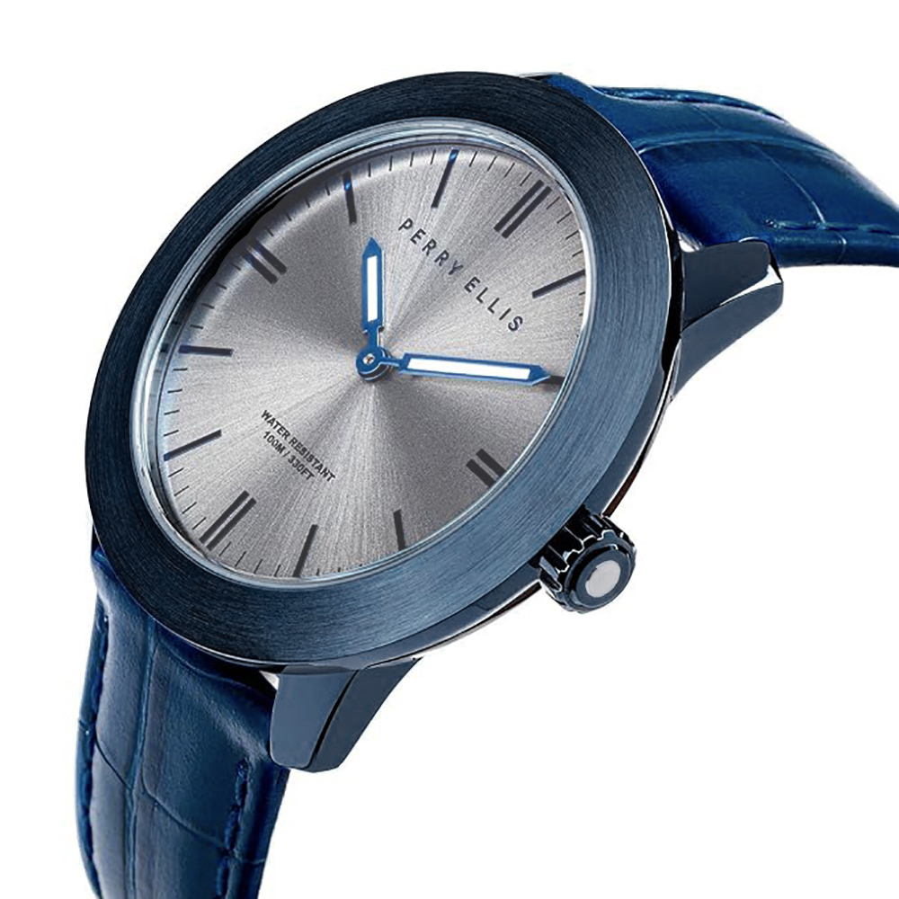 RELOJ PERRY ELLIS SLIM LINE 46 03005-01 CORREA DE CUERO AZUL DIAL PLATEADO - 2