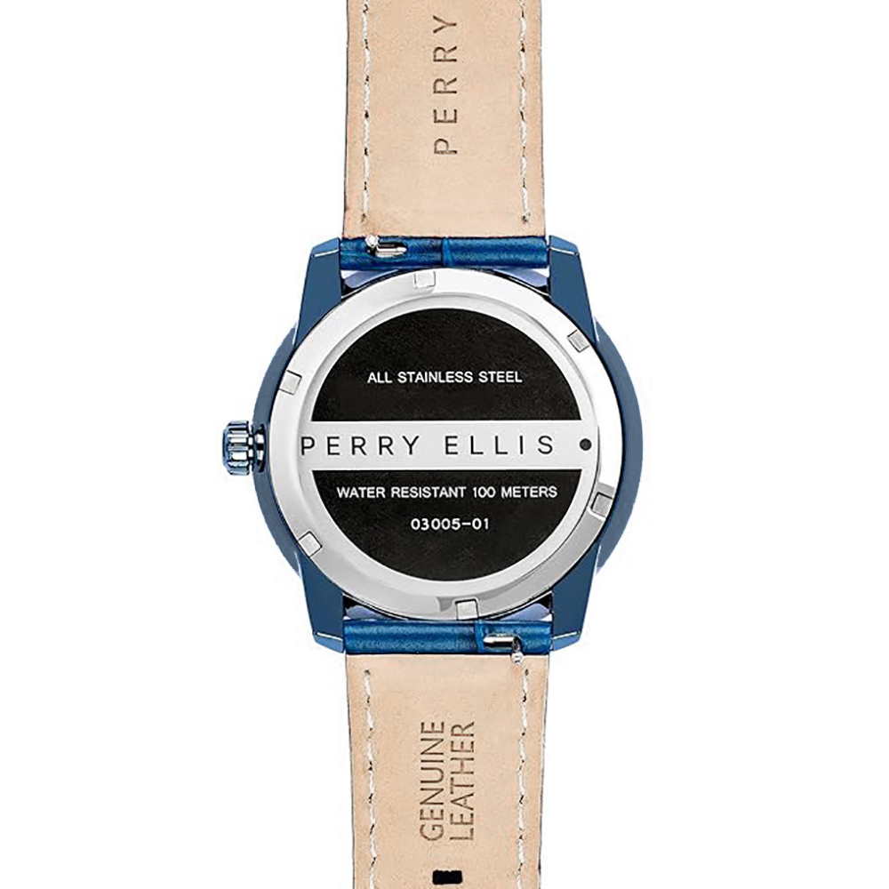 RELOJ PERRY ELLIS SLIM LINE 46 03005-01 CORREA DE CUERO AZUL DIAL PLATEADO - 5