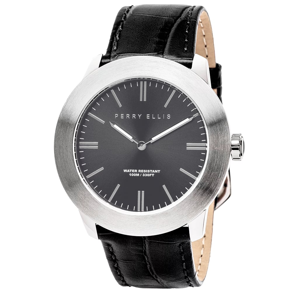 RELOJ PERRY ELLIS SLIM LINE 46 03002-01 CORREA DE CUERO NEGRO DIAL GRIS OSCURO - 1