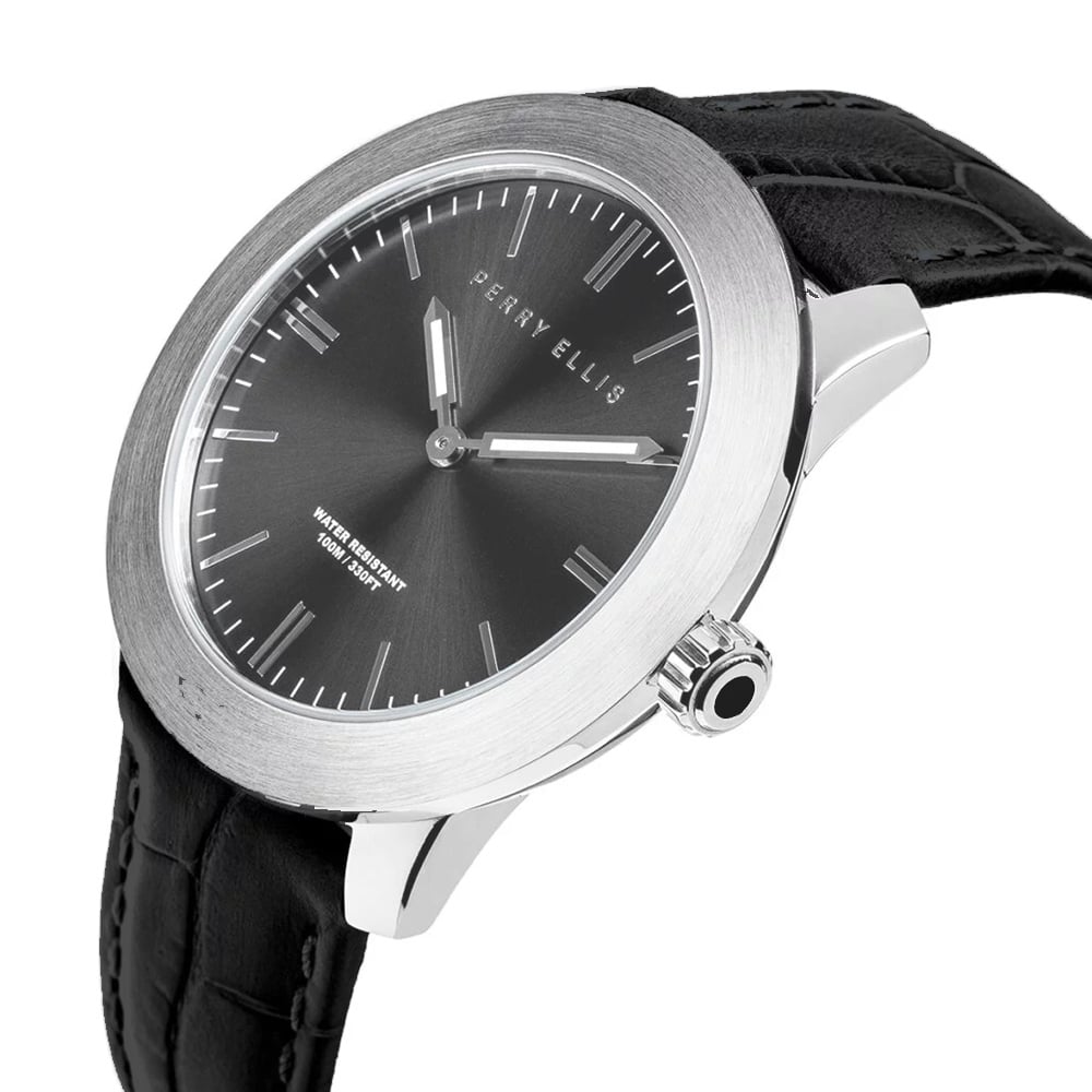 RELOJ PERRY ELLIS SLIM LINE 46 03002-01 CORREA DE CUERO NEGRO DIAL GRIS OSCURO - 2