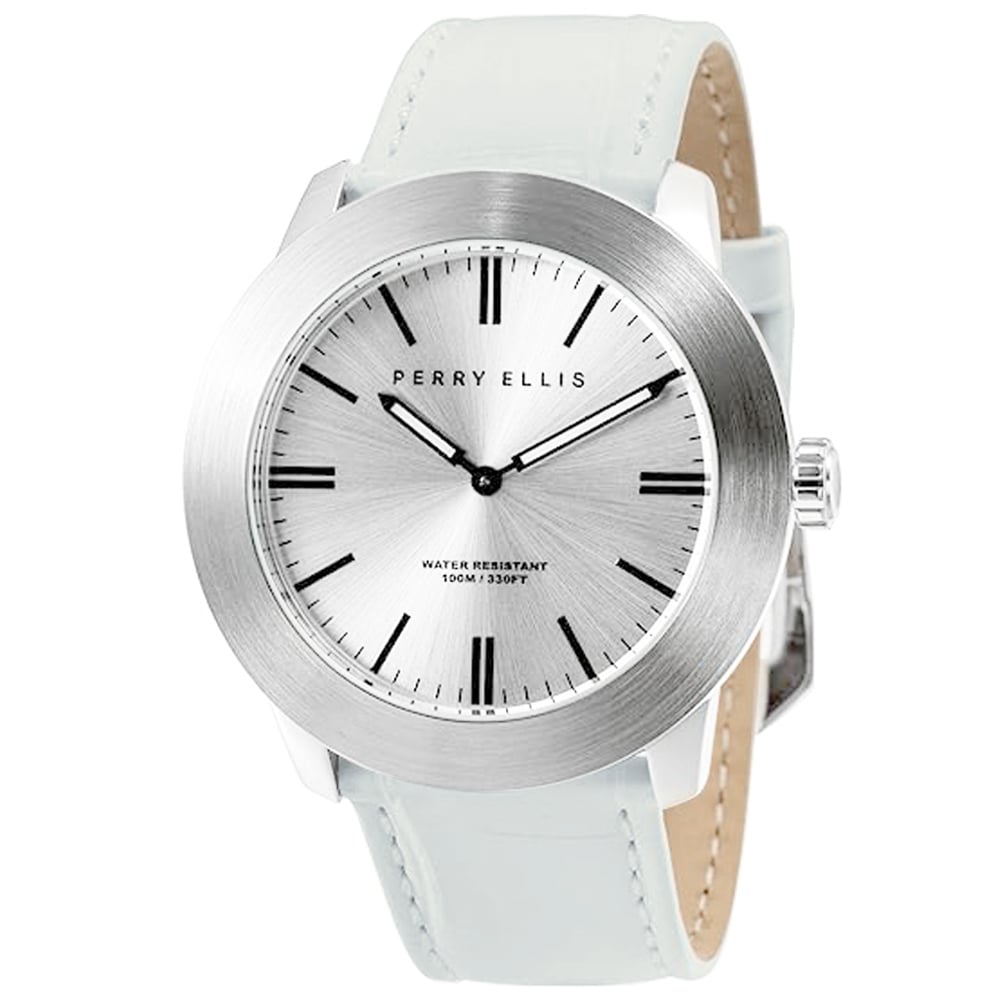 RELOJ PERRY ELLIS SLIM LINE 46 03013-01 CORREA DE CUERO BLANCO DIAL PLATEADO - 1