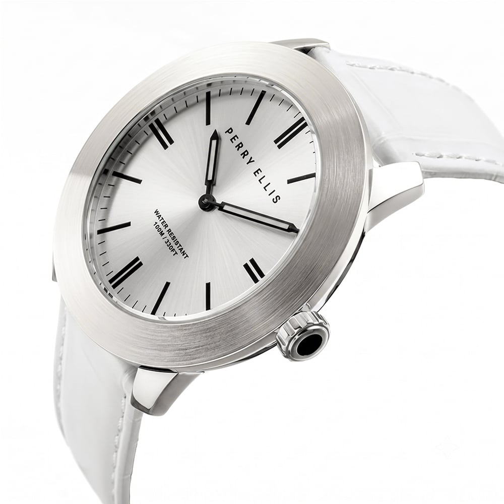 RELOJ PERRY ELLIS SLIM LINE 46 03013-01 CORREA DE CUERO BLANCO DIAL PLATEADO - 2