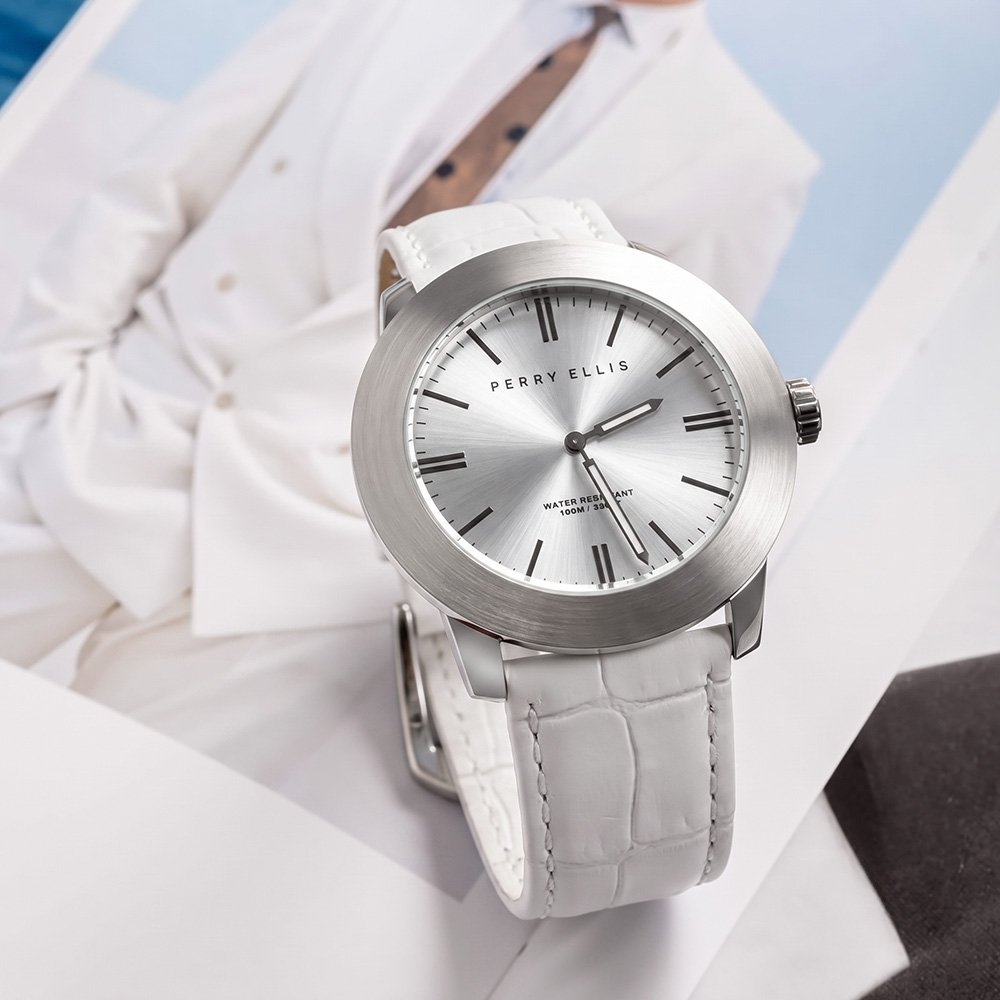RELOJ PERRY ELLIS SLIM LINE 46 03013-01 CORREA DE CUERO BLANCO DIAL PLATEADO - 4