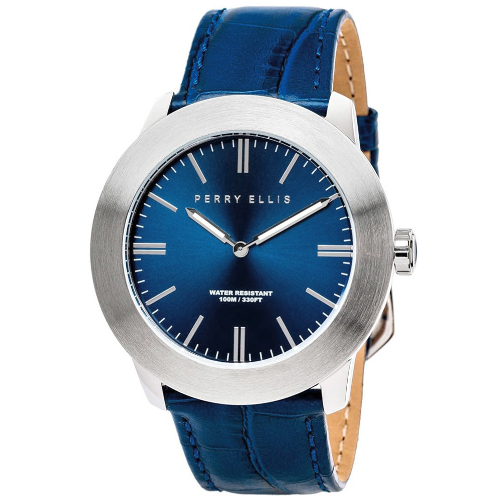 RELOJ PERRY ELLIS SLIM LINE 46 03001-01 CORREA DE CUERO Y DIAL AZUL - 1