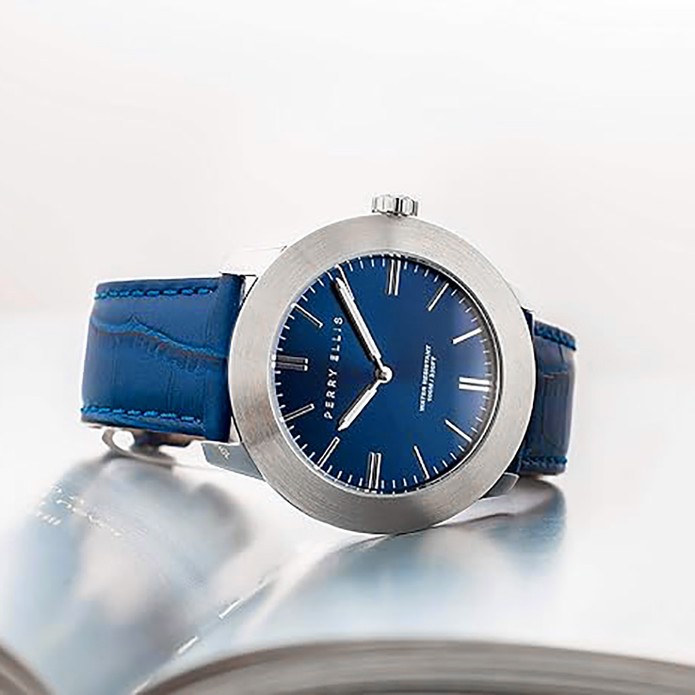 RELOJ PERRY ELLIS SLIM LINE 46 03001-01 CORREA DE CUERO Y DIAL AZUL - 4