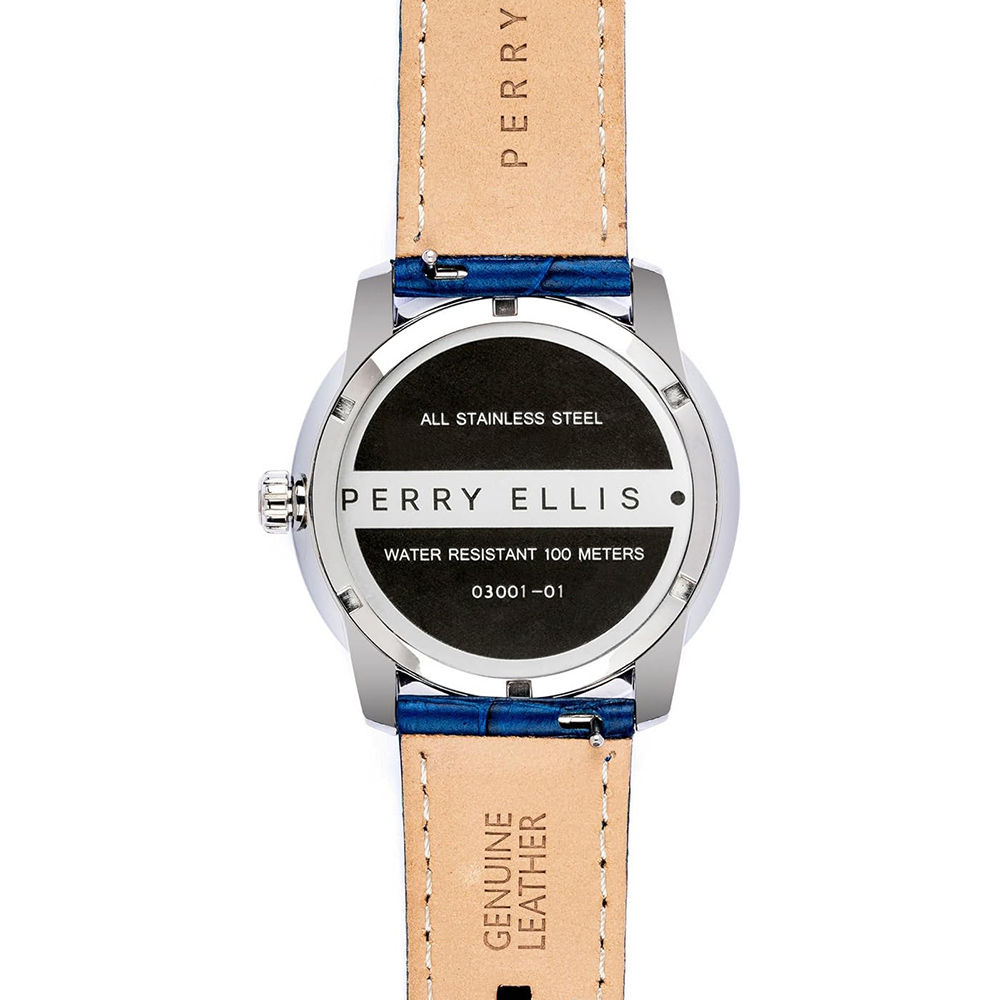 RELOJ PERRY ELLIS SLIM LINE 46 03001-01 CORREA DE CUERO Y DIAL AZUL - 6