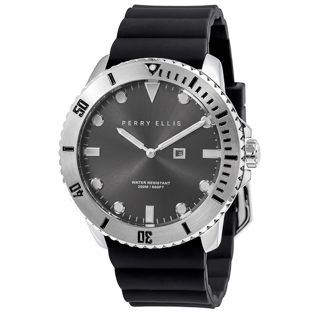 RELOJ PERRY ELLIS DEEP DIVER 46 02001-03 FECHA CORREA DE SILICONA NEGRO DIAL GRIS OSCURO - 1