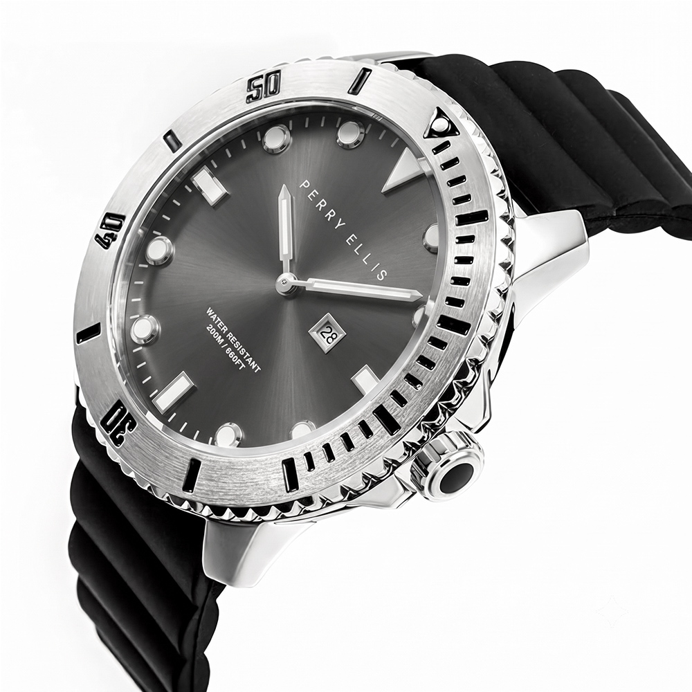 RELOJ PERRY ELLIS DEEP DIVER 46 02001-03 FECHA CORREA DE SILICONA NEGRO DIAL GRIS OSCURO - 2