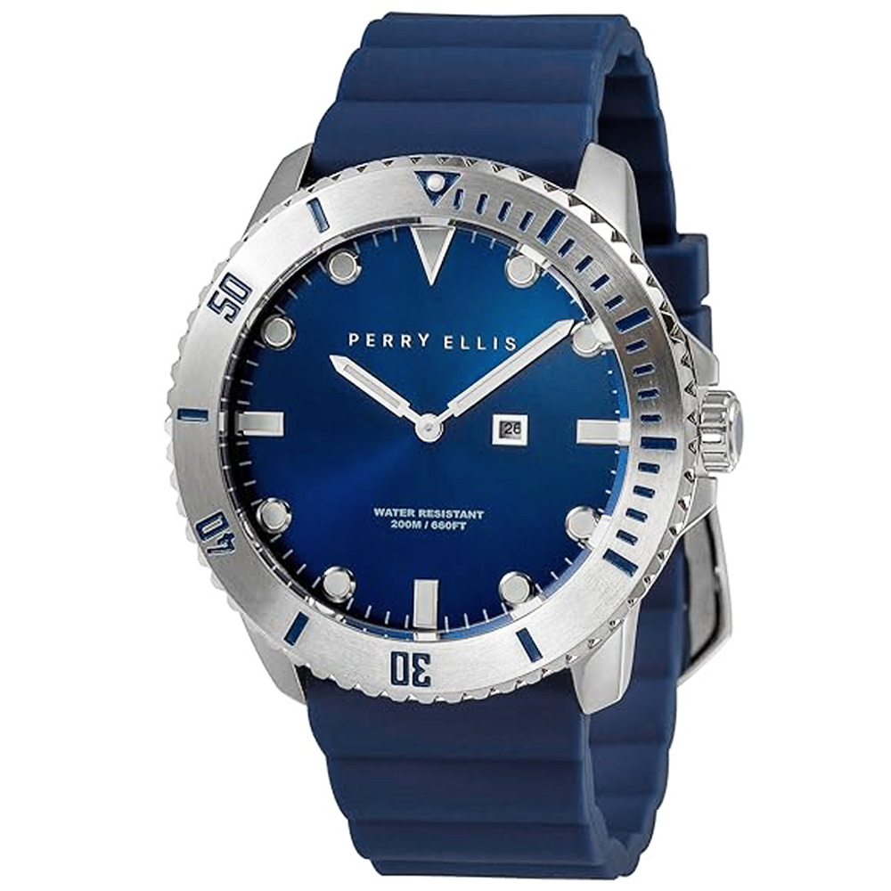 RELOJ PERRY ELLIS DEEP DIVER 46 02002-03 FECHA CORREA DE SILICONA Y DIAL AZUL - 1