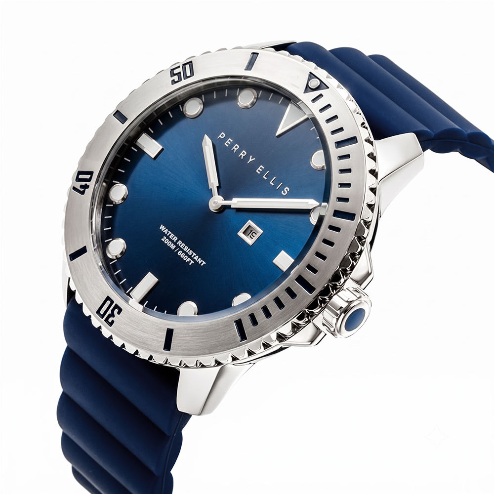RELOJ PERRY ELLIS DEEP DIVER 46 02002-03 FECHA CORREA DE SILICONA Y DIAL AZUL - 2