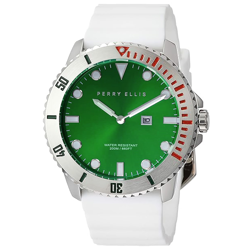 RELOJ PERRY ELLIS DEEP DIVER 46 02003-03 FECHA CORREA DE SILICONA BLANCO DIAL VERDE - 1