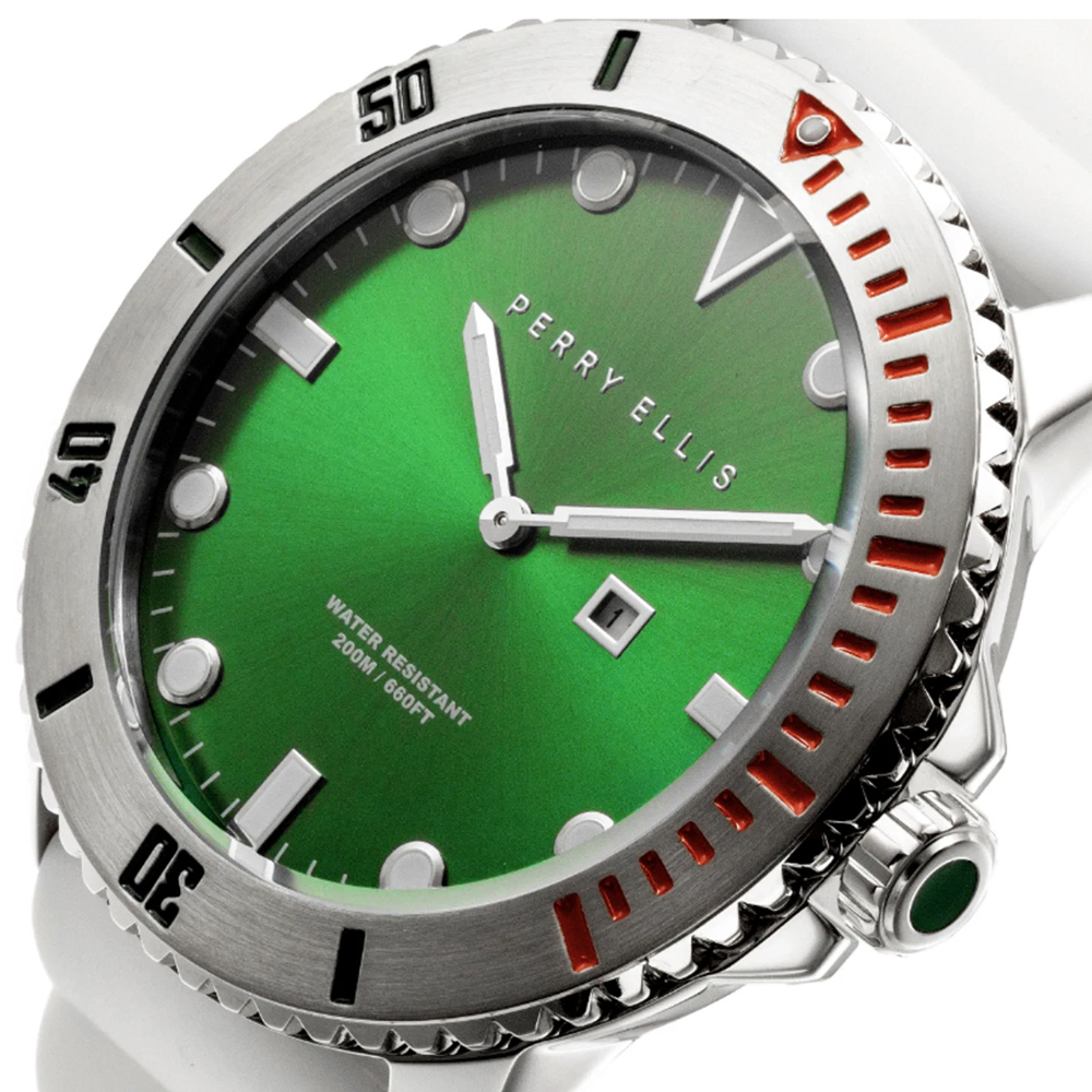 RELOJ PERRY ELLIS DEEP DIVER 46 02003-03 FECHA CORREA DE SILICONA BLANCO DIAL VERDE - 2