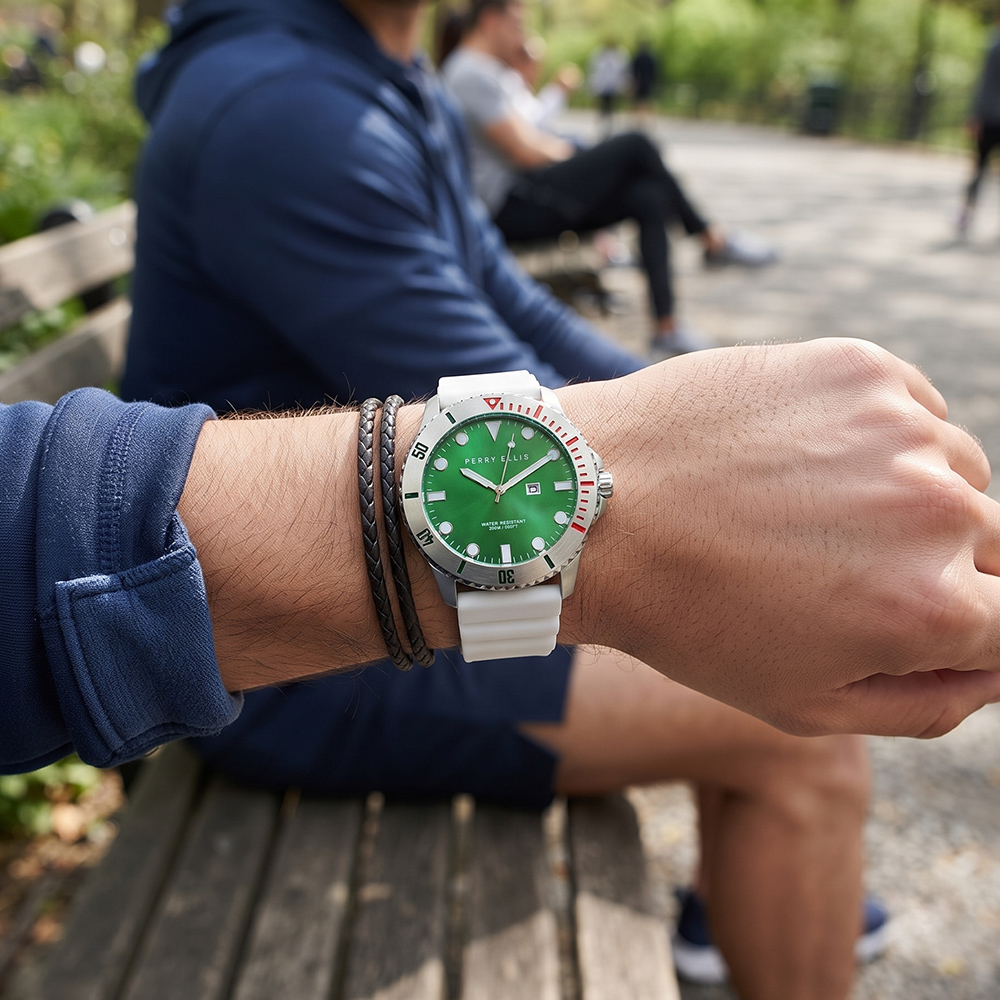 RELOJ PERRY ELLIS DEEP DIVER 46 02003-03 FECHA CORREA DE SILICONA BLANCO DIAL VERDE - 3