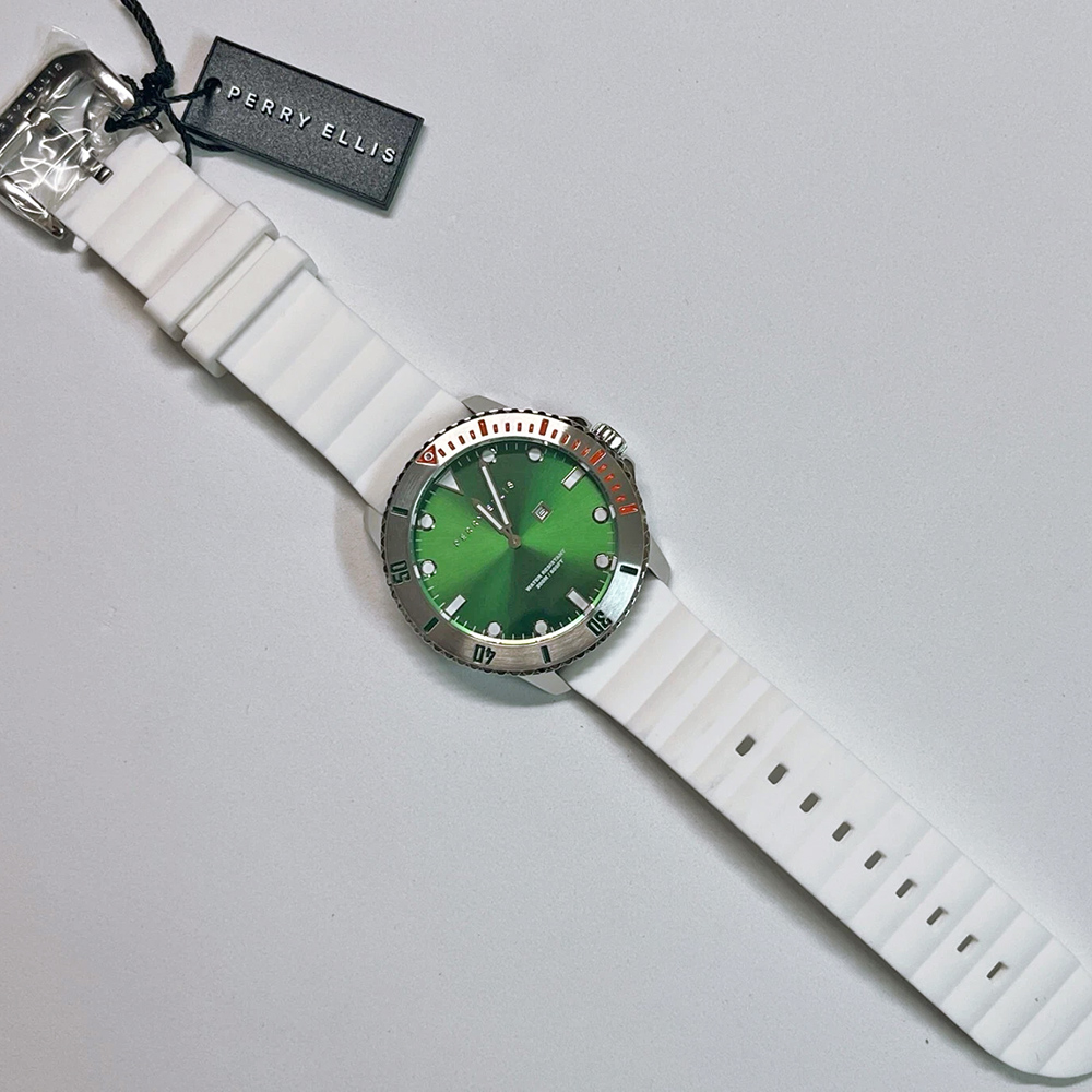 RELOJ PERRY ELLIS DEEP DIVER 46 02003-03 FECHA CORREA DE SILICONA BLANCO DIAL VERDE - 4