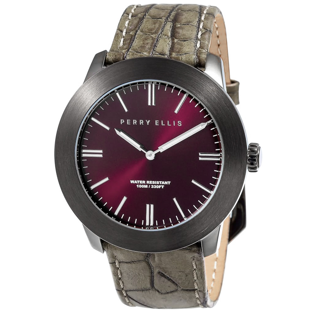 RELOJ PERRY ELLIS SLIM LINE 46 03011-01 CORREA DE CUERO BEIGE DIAL VINO - 1
