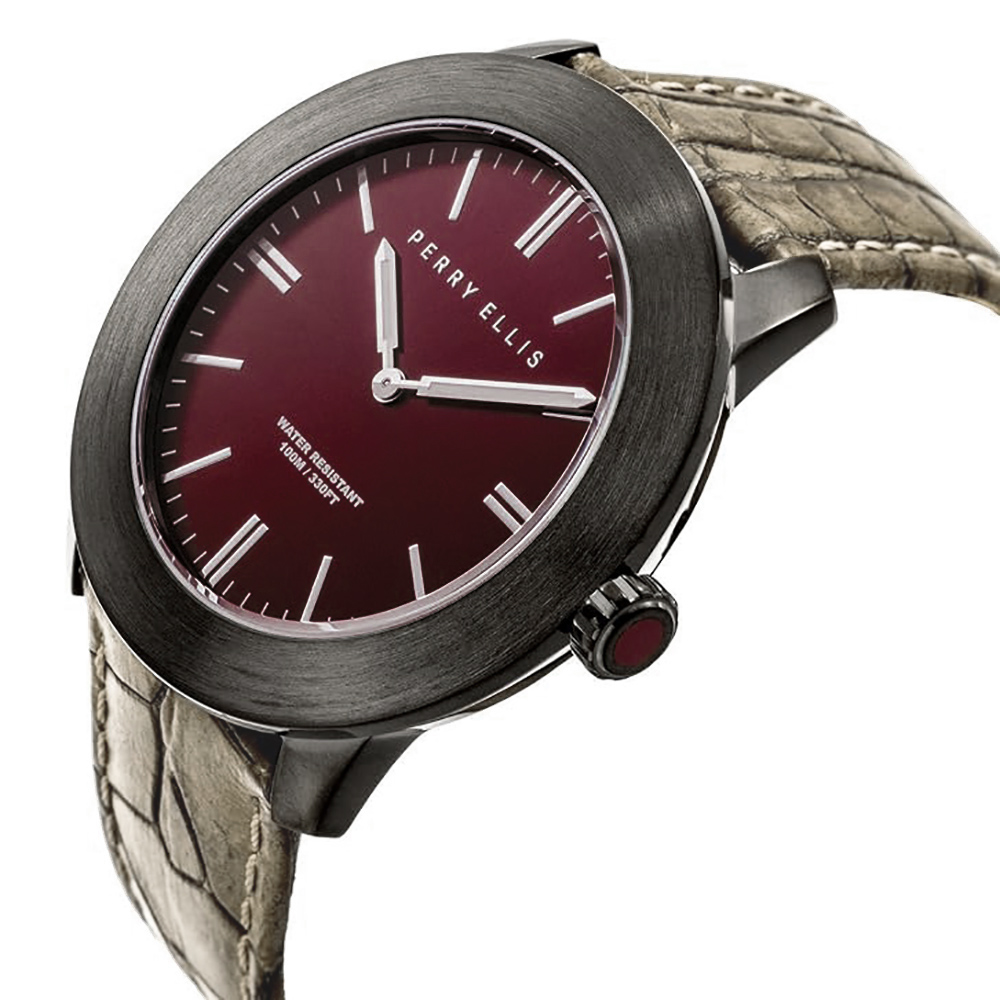 RELOJ PERRY ELLIS SLIM LINE 46 03011-01 CORREA DE CUERO BEIGE DIAL VINO - 2