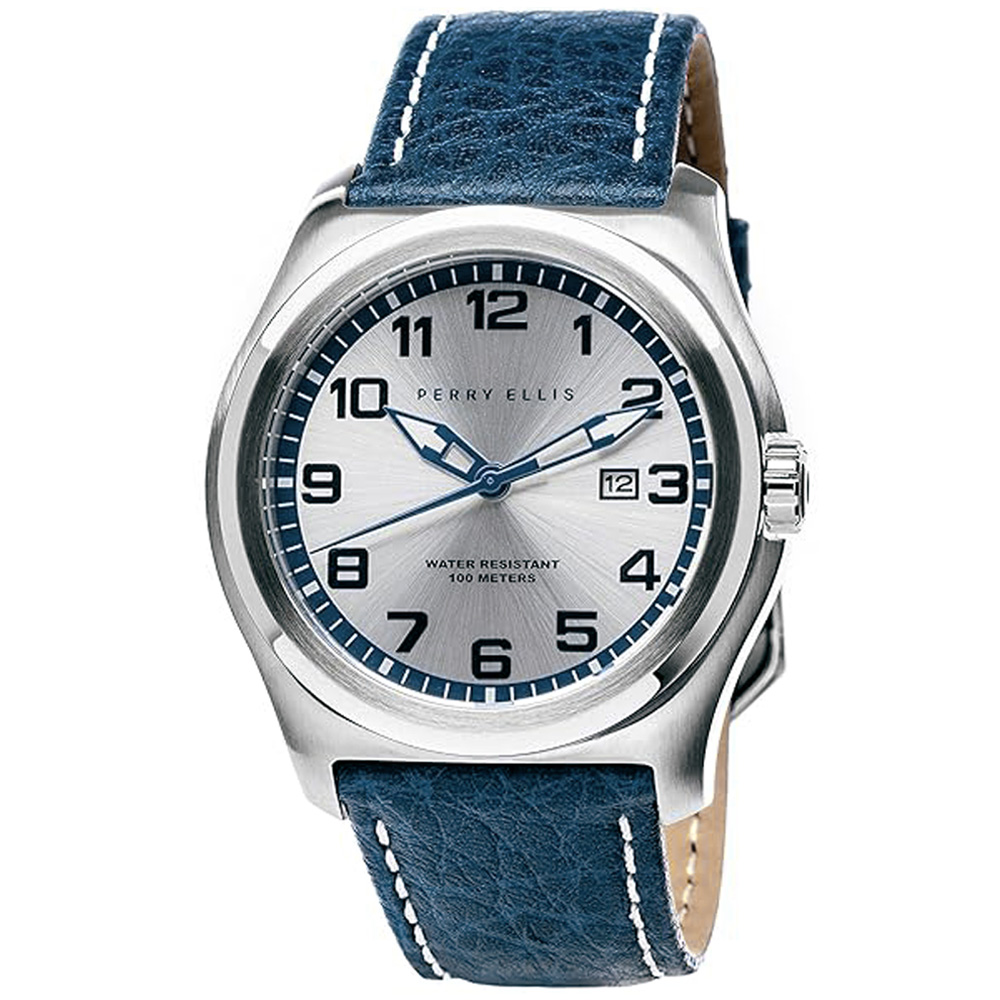 RELOJ PERRY ELLIS MEMPHIS 04001-01 FECHA CORREA DE CUERO AZUL DIAL PLATEADO - 1