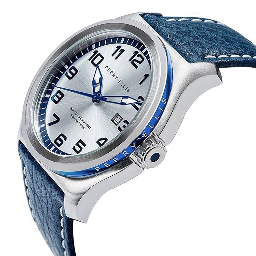 RELOJ PERRY ELLIS MEMPHIS 04001-01 FECHA CORREA DE CUERO AZUL DIAL PLATEADO - 2