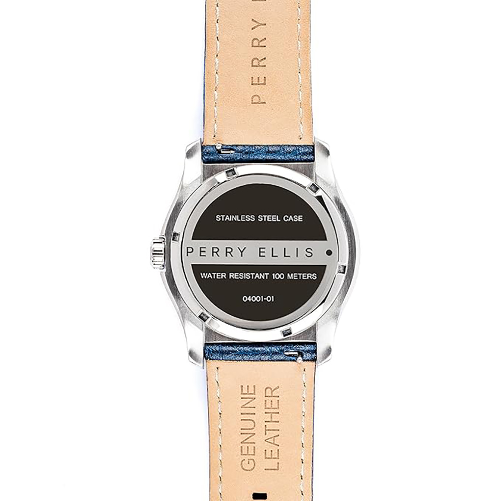 RELOJ PERRY ELLIS MEMPHIS 04001-01 FECHA CORREA DE CUERO AZUL DIAL PLATEADO - 5