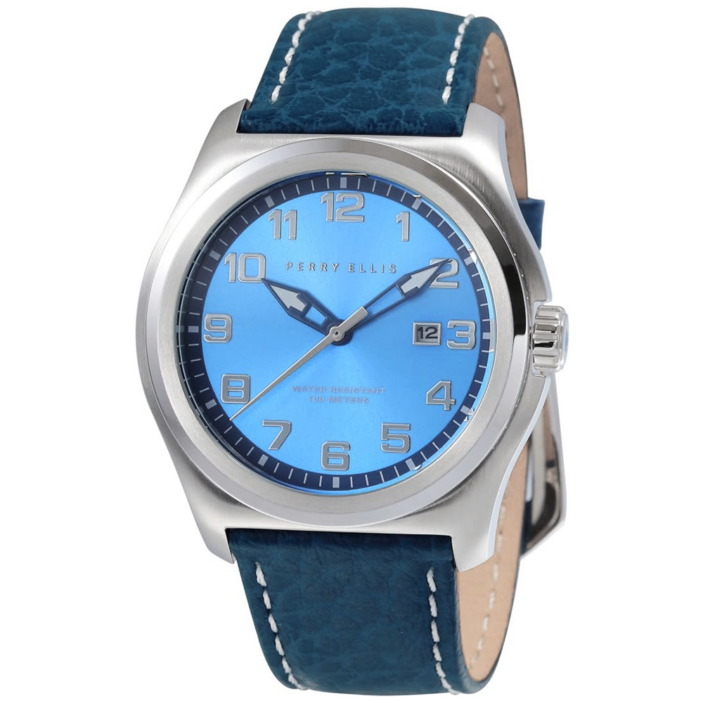 RELOJ PERRY ELLIS MEMPHIS 04009-01 FECHA CORREA DE CUERO AZUL DIAL CELESTE - 1