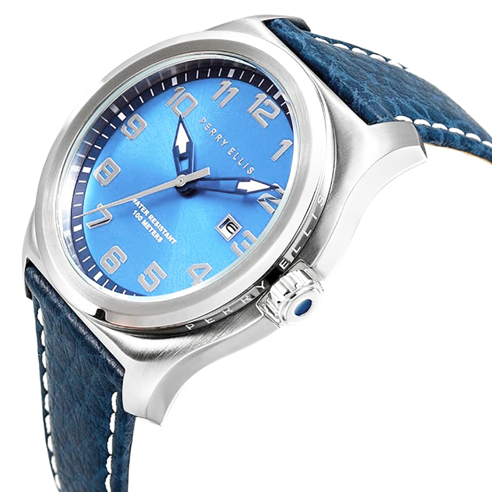 RELOJ PERRY ELLIS MEMPHIS 04009-01 FECHA CORREA DE CUERO AZUL DIAL CELESTE - 2