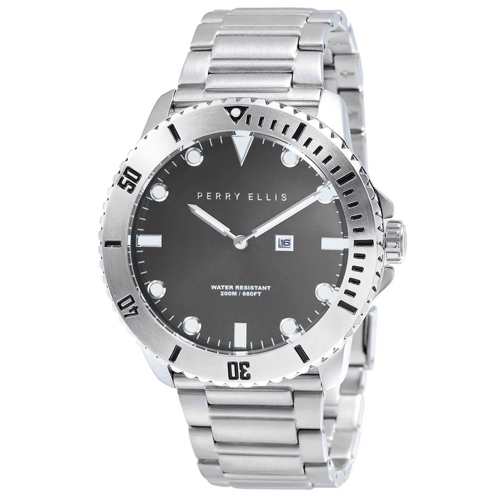 RELOJ PERRY ELLIS DEEP DIVER 46 02001-02 FECHA ACERO INOXIDABLE DIAL GRIS OSCURO - 1