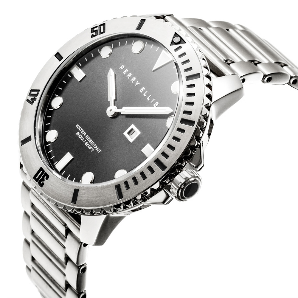 RELOJ PERRY ELLIS DEEP DIVER 46 02001-02 FECHA ACERO INOXIDABLE DIAL GRIS OSCURO - 2