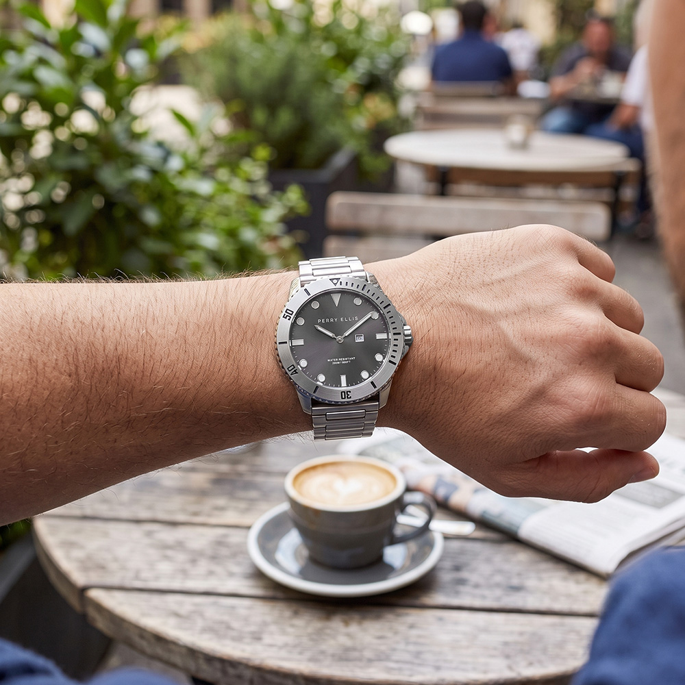 RELOJ PERRY ELLIS DEEP DIVER 46 02001-02 FECHA ACERO INOXIDABLE DIAL GRIS OSCURO - 3