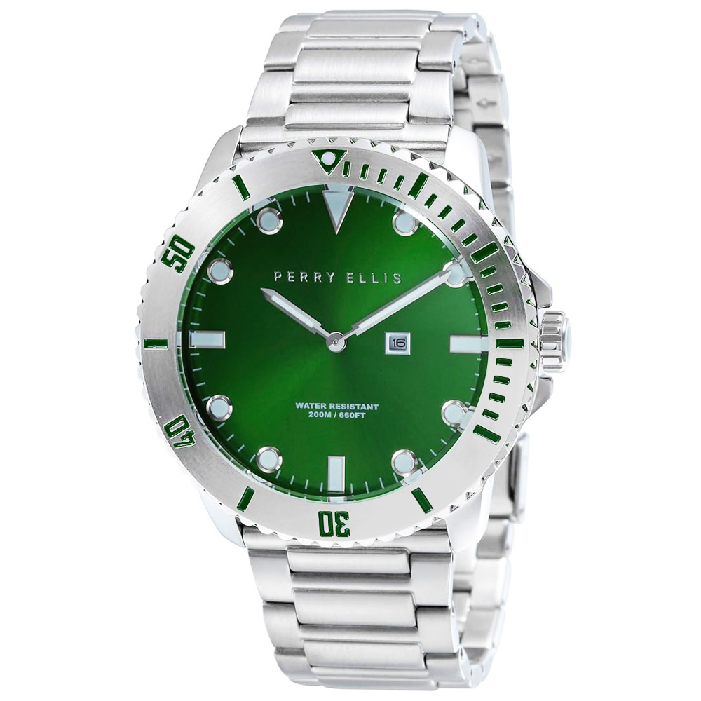 RELOJ PERRY ELLIS DEEP DIVER 46 02003-02 FECHA ACERO INOXIDABLE DIAL VERDE - 1