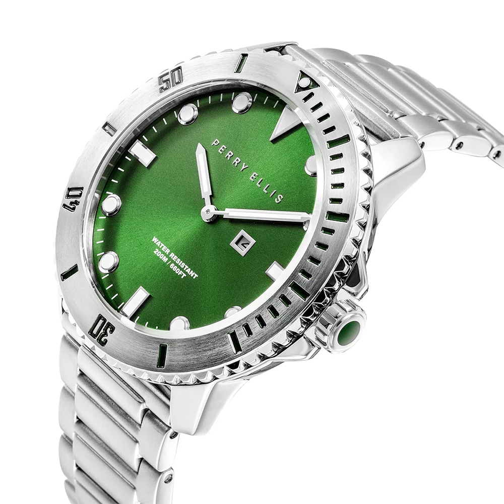 RELOJ PERRY ELLIS DEEP DIVER 46 02003-02 FECHA ACERO INOXIDABLE DIAL VERDE - 2