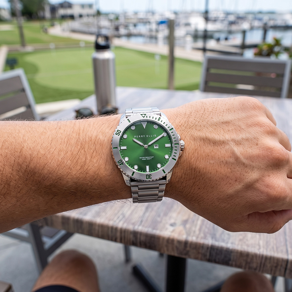 RELOJ PERRY ELLIS DEEP DIVER 46 02003-02 FECHA ACERO INOXIDABLE DIAL VERDE - 3