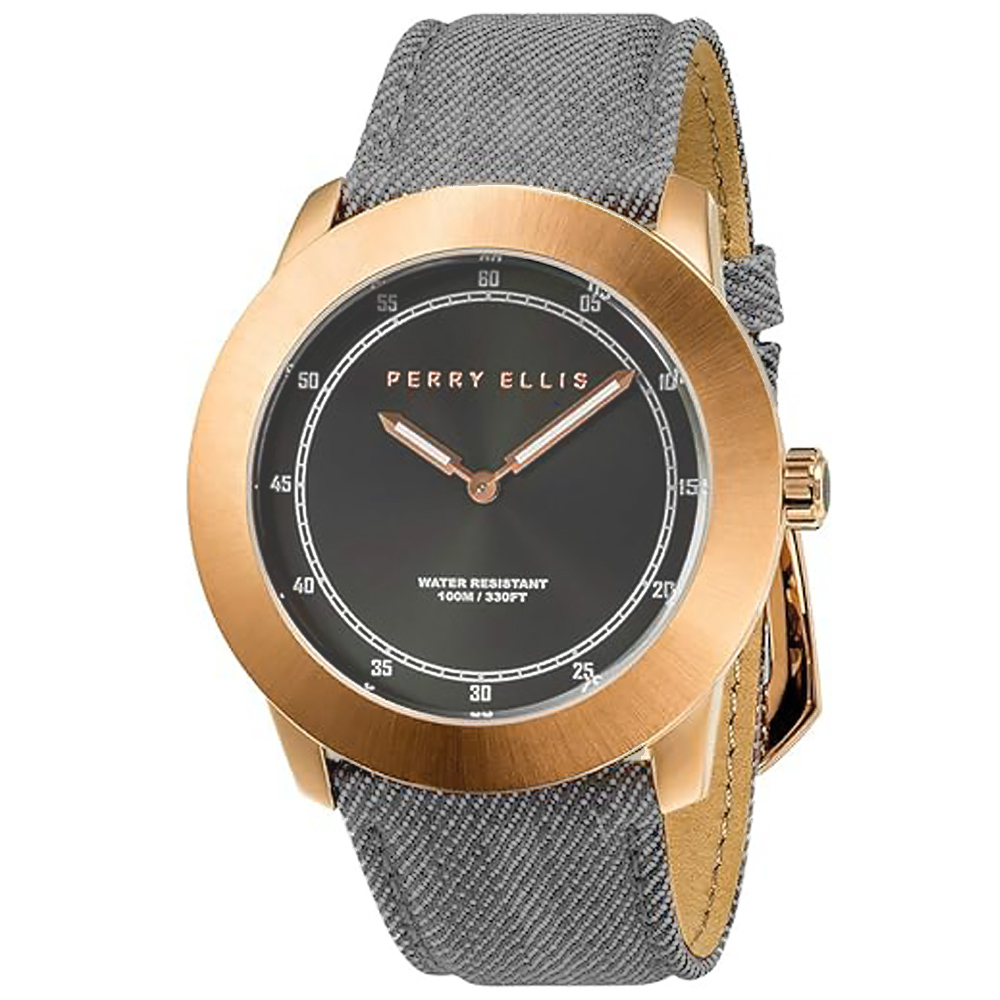 RELOJ PERRY ELLIS NEW SLIM LINE 11002-05 CORREA DE CUERO Y DENIM GRIS DIAL GRIS OSCURO - 1