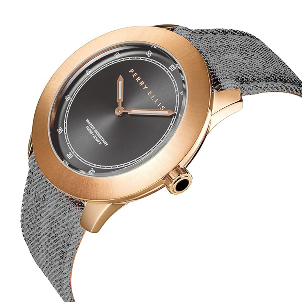 RELOJ PERRY ELLIS NEW SLIM LINE 11002-05 CORREA DE CUERO Y DENIM GRIS DIAL GRIS OSCURO - 2