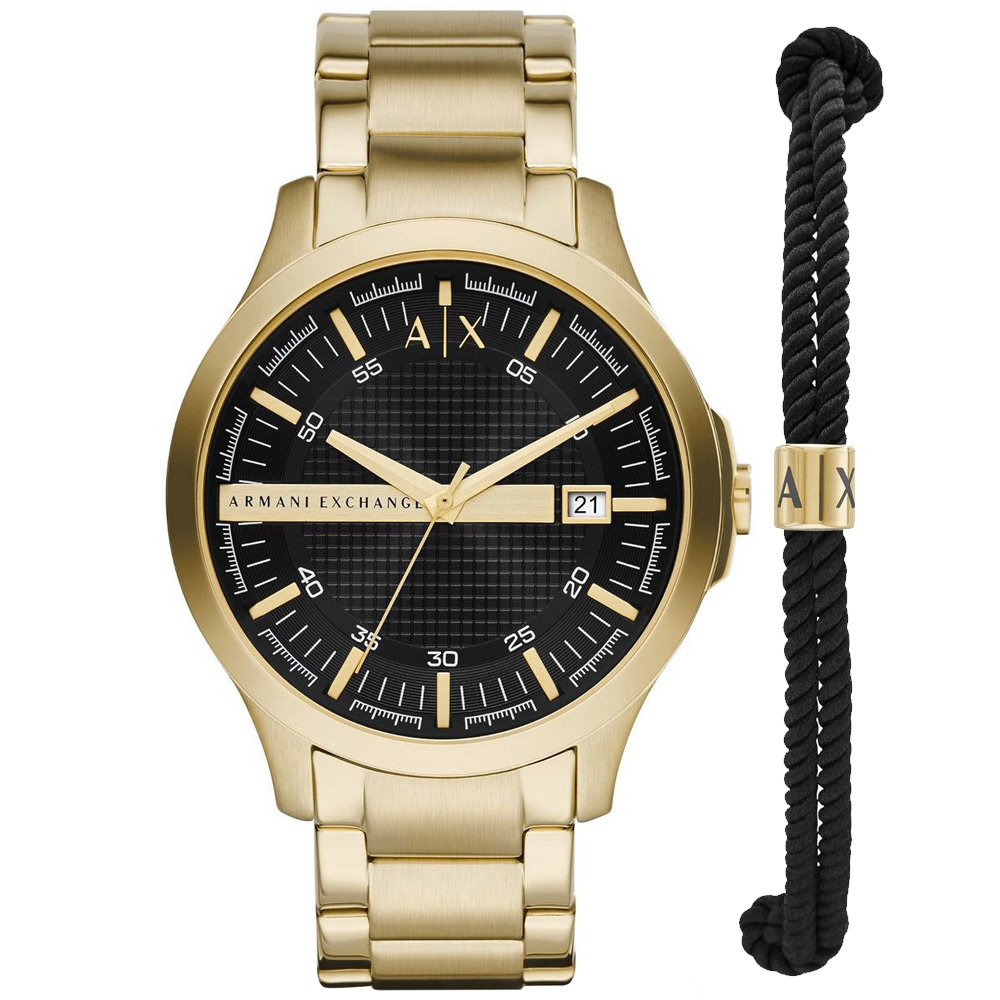 RELOJ ARMANI EXCHANGE HAMPTON AX7124 SET CON PULSERA FECHA ACERO INOXIDABLE DORADO DIAL NEGRO - 1
