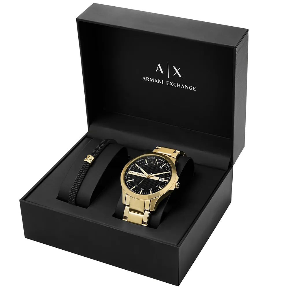RELOJ ARMANI EXCHANGE HAMPTON AX7124 SET CON PULSERA FECHA ACERO INOXIDABLE DORADO DIAL NEGRO - 7