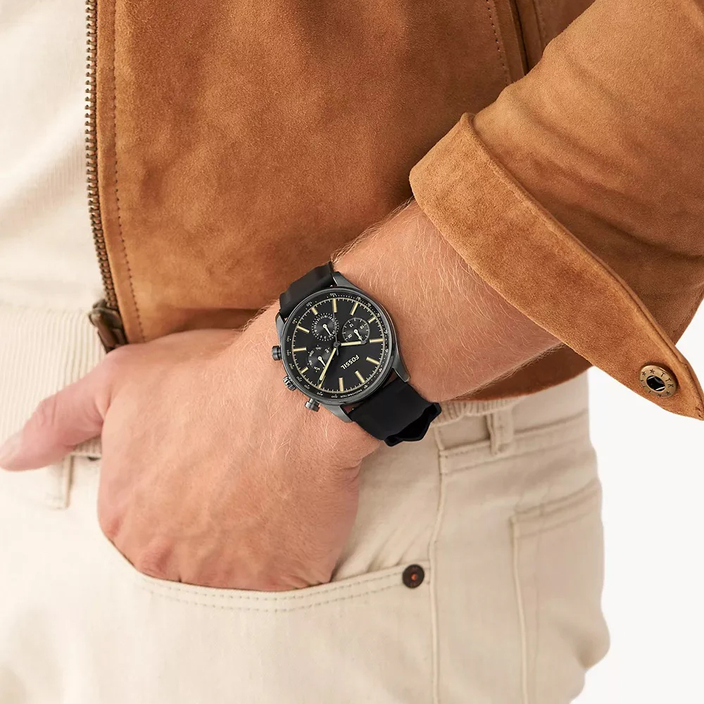 RELOJ FOSSIL SULLIVAN BQ2746 MULTIFUNCIONAL ACERO INOXIDABLE GUNMETAL CORREA SILICONA NEGRO - 5