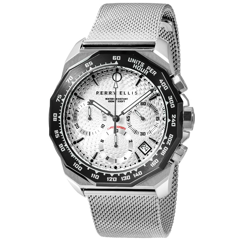 RELOJ PERRY ELLIS DECAGON GT 09006-04 FECHA CRONÓMETRO ACERO INOXIDABLE DIAL PLATEADO - 1