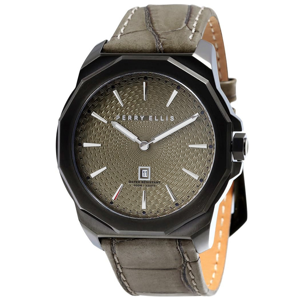 RELOJ PERRY ELLIS DECAGON 46 05008-01 FECHA ACERO INOXIDABLE CORREA DE CUERO Y DIAL BEIGE VERDOSO - 1