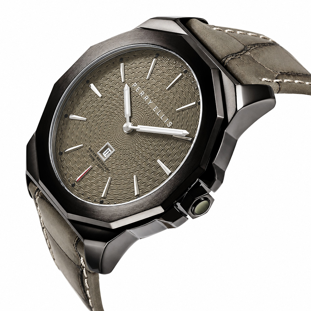 RELOJ PERRY ELLIS DECAGON 46 05008-01 FECHA ACERO INOXIDABLE CORREA DE CUERO Y DIAL BEIGE VERDOSO - 2