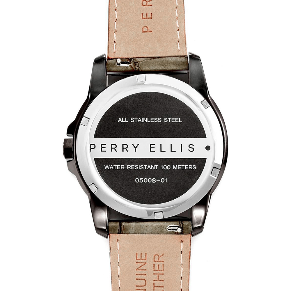 RELOJ PERRY ELLIS DECAGON 46 05008-01 FECHA ACERO INOXIDABLE CORREA DE CUERO Y DIAL BEIGE VERDOSO - 5