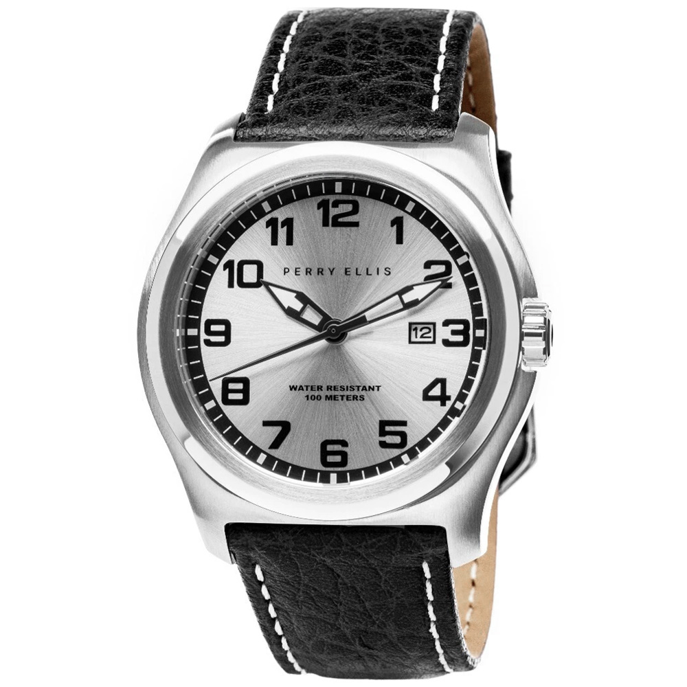 RELOJ PERRY ELLIS MEMPHIS 04002-01 FECHA CORREA DE CUERO NEGRO DIAL PLATEADO - 1